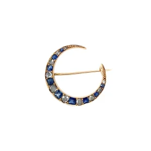 Hot Gouden maan broche met saffier en roosdiamant 14 krt Broches