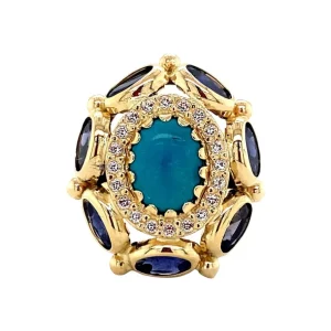 Hot Gouden ring met ioliet, turkoois en saffier 18 krt Ringen Met Edelsteen