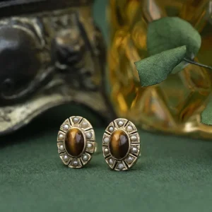 Discount Oorstekers met tijgeroog en parel 8 krt Oorbellen Met Edelsteen | Oorstekers