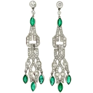 Fashion Platina oorhangers met smaragd en diamant 950 Oorbellen Met Edelsteen