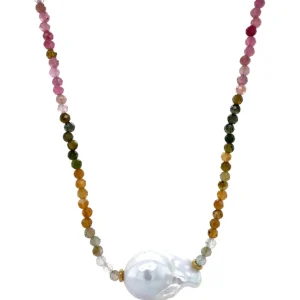 New Toermalijn collier met parel 14 krt Kettingen Met Edelsteen