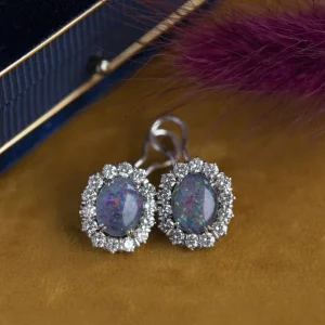 Discount Witgouden oorclips met diamant en opaal 14 krt Oorstekers | Oorbellen Met Edelsteen