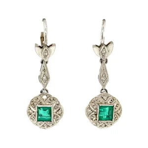 Clearance Witgouden oorhangers met diamant en smaragd 14 krt Oorbellen Met Edelsteen