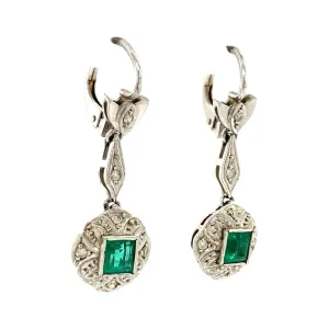 Clearance Witgouden oorhangers met diamant en smaragd 14 krt Oorbellen Met Edelsteen