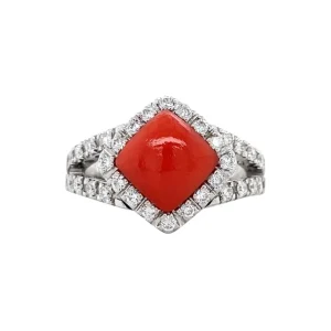 Fashion Witgouden ring met bloedkoraal en diamant 18 krt Diamanten Ringen | Ringen Met Edelsteen