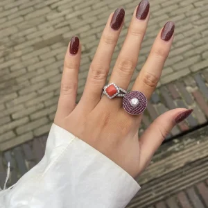 Fashion Witgouden ring met bloedkoraal en diamant 18 krt Diamanten Ringen | Ringen Met Edelsteen