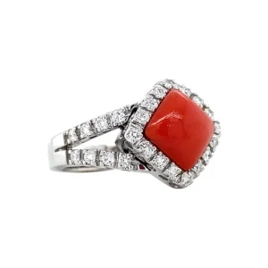 Fashion Witgouden ring met bloedkoraal en diamant 18 krt Diamanten Ringen | Ringen Met Edelsteen